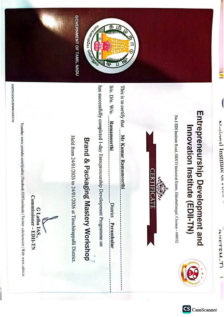 EDII-TN Brand & Packaging Mastery Workshop Certificate — Kumar Ramamoorthi