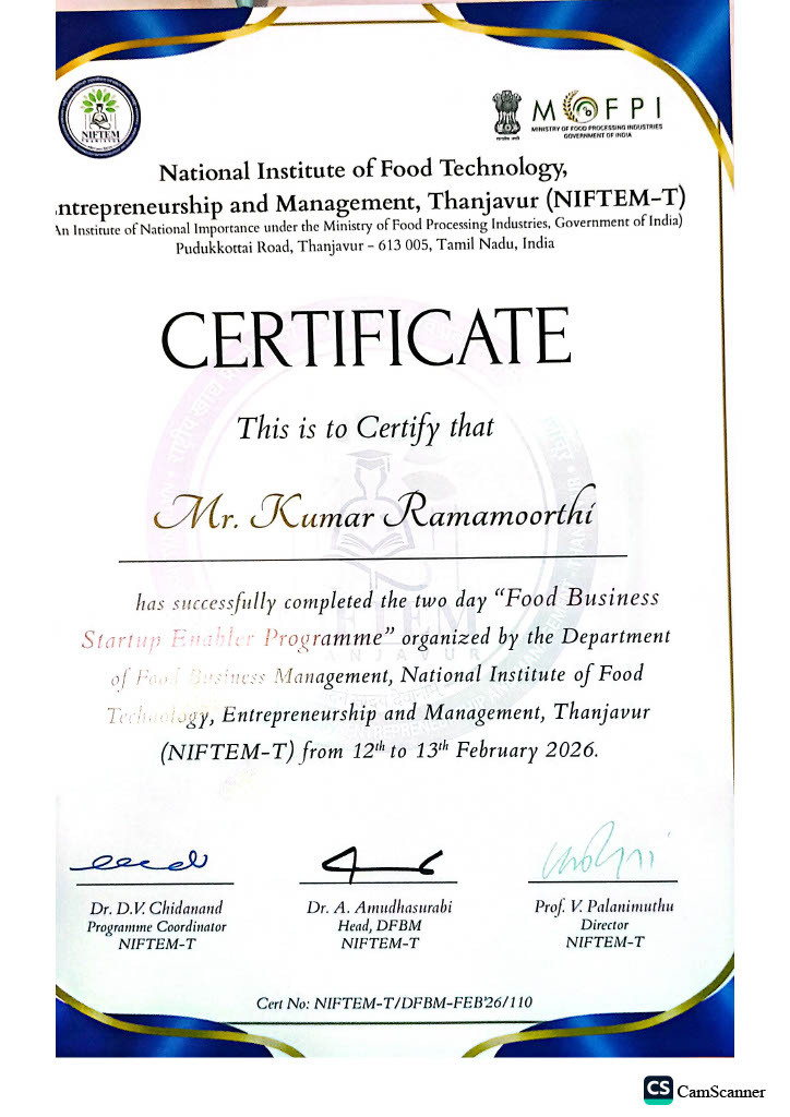 NIFTEM-T Food Business Startup Enabler Programme Certificate — Kumar Ramamoorthi